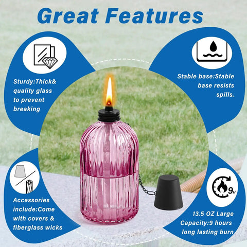 Glass Tabletop Torch Set Four Pack For Outdoor Use With 13.5 Oz Citronella Fuel, Refillable flame torch on patio with cover