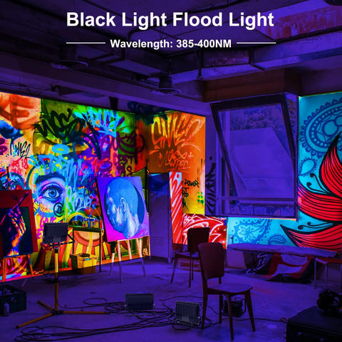 Room lit by 2 Pack 60W LED Black Light Flood Lights with plug, showcasing vibrant neon posters and graffiti, IP66 waterproof.