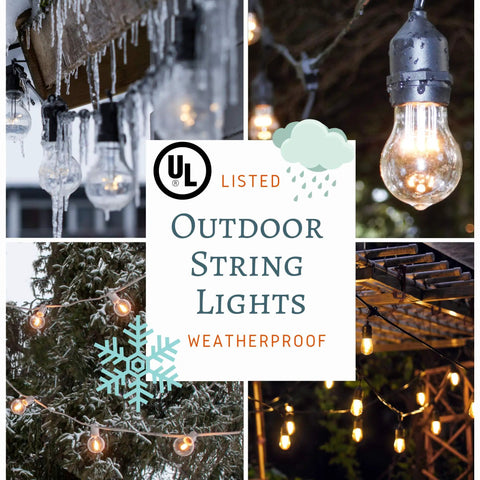Collage of Beefed-Up 100 Foot Outdoor Commercial String Lights With E26 Suspended Sockets in snowy and rainy settings.