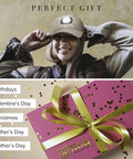 Smiling woman wearing rechargeable LED baseball cap with built in USB light and 3 brightness levels, holding gift box