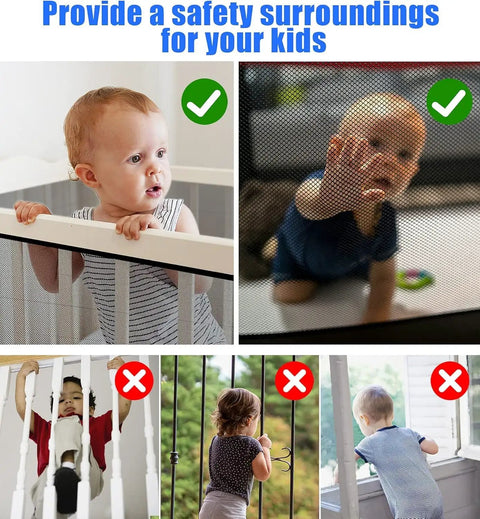Children interacting with Banister Guard Mesh Net For Stairs And Balconies Kid And Pet Safe Gate 10 ft long by 2.6 ft high.