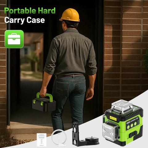 Self Leveling Laser Level With LCD Display And Rechargeable Battery, Three 360 Degree High Brightness Beams For Construction And Picture Hanging, Pro Grade Tool For DIYers, Includes Magnetic Bracket And Hard Carry Case Y03CG portable hard carry case and laser level kit