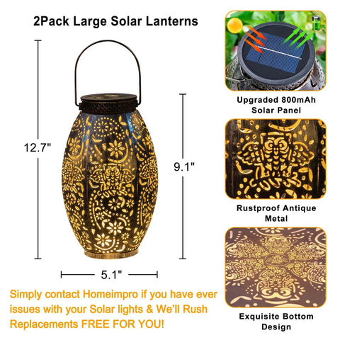 Two Pack Owl Solar Lanterns Outdoor Lights Waterproof Large Antique Bronze Garden Decor For Patio Yard Table Lawn Ornaments With Flying And Standing Owl Designs Solar Powered Weatherproof Lighting A Rad Gift For Mom Dad, showing one lantern with intricate patterns, dimensions, and solar panel details.