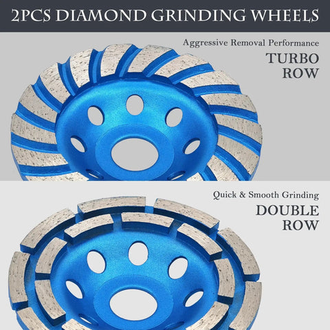 2-Piece Diamond Concrete Grinding Cup Wheel Set, 115mm (4-1/2 Inch), Double Row Plus Turbo Row Segments, Fits 7/8 Inch Arbor For Angle Grinder