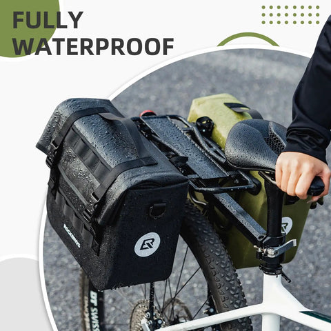 15L Capacity Waterproof Rear Bike Panniers Rack Bag Ride Ready for Cycling Commuting and Bikepacking, attached to bike