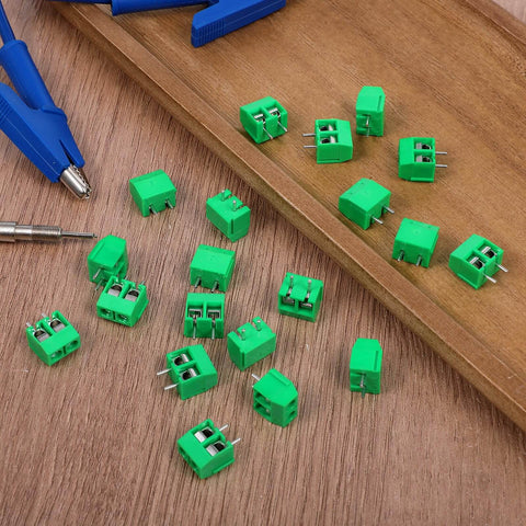 20 Pack 5mm 2 Pin Screw Terminal Block Connectors For PCB Mounting And Cable Wiring 300V 10A Durable ABS Housing displayed