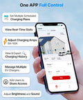 App screen showing control features for Fast Level 2 Home EV Charger With Active Load Management And Solar Charging Modes OCPP Compatible.