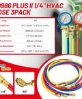 Three 72-inch HVAC refrigerant hoses in blue, red and yellow with 1/4" flare fittings, brass connectors and compact ball valve