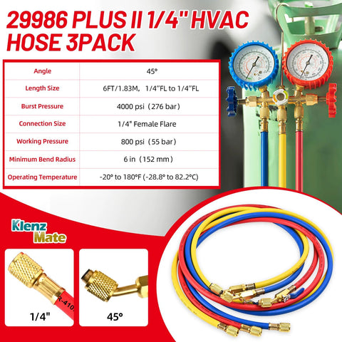 Three 72-inch HVAC refrigerant hoses in blue, red and yellow with 1/4" flare fittings, brass connectors and compact ball valve