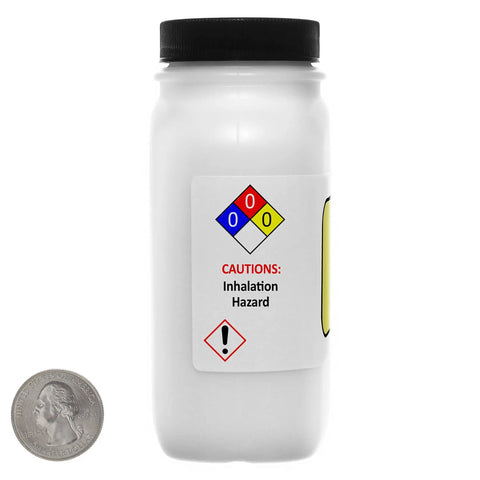 White bottle of Fine Powder Lubricant For Precision Mechanisms Graphite Based 99.9% ACS Grade 325 Mesh next to a quarter.