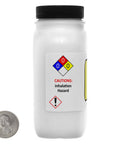 Plastic bottle of Powdered Graphite Dry Lubricant with safety label next to a coin for size reference.