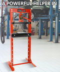 Heavy Duty Hydraulic Bench Shop Press Packing Real Crushing Power For Auto Body Work displayed in a garage setting.