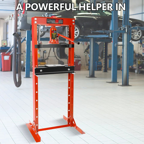 Heavy Duty Hydraulic Bench Shop Press Packing Real Crushing Power For Auto Body Work displayed in a garage setting.