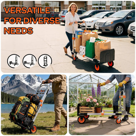 3 In 1 Aluminum Folding Hand Truck Dolly Cart With Wheels in use for groceries, hiking gear, and gardening