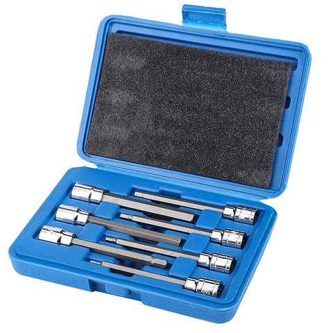 Open storage box displaying Extra Long Hex Bit Socket Set Seven Piece 3mm To 10mm Drive Repair Tool Kit in Chrome Vanadium Steel