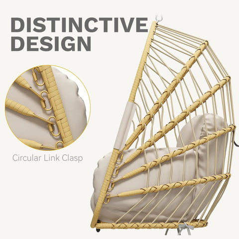 Beige Wicker Egg Chair With Stand For Indoor And Outdoor Use Foldable Hanging Hammock Cushions Included 300 Lbs Capacity Patio