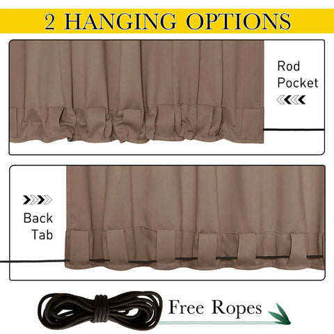 Two Panels Weighted Blackout Outdoor Curtains For Patio And Pergola Waterproof And Thermal Insulated With Top And Bottom Grommets And Back Tab Wind Resistant Privacy Drapes In Tan Khaki 52 By 84 Inches showing hanging options, rod pocket, back tab, and free rope bundle