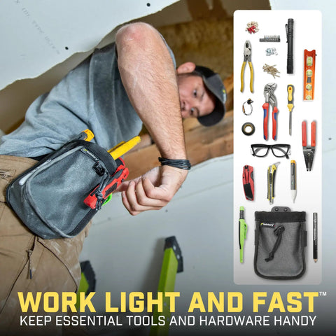 Clip-On Tool Belt Pouch For Tools And Hardware on worker’s waist with tools displayed, lightweight utility bag for trades pros.
