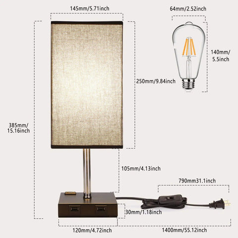Black Nightstand Lamps 2 Pack with Touch Dimming AC Outlet and Dual USB Ports Fabric Shade Bedside Lamps dimensions shown