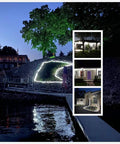 100ft Outdoor Rope Lights illuminating garden path and backyard landscape at night, showcasing waterproof string lighting