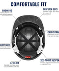 Interior view of ventilated hard hat with adjustable fit brow pad and chin strap, showing gripster dots and six-point suspension.