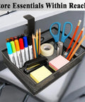 360 Degree Clamp-On Under Desk Swivel Organizer With No-Drill Install Sturdy Mesh Drawers holding office supplies like pens and scissors