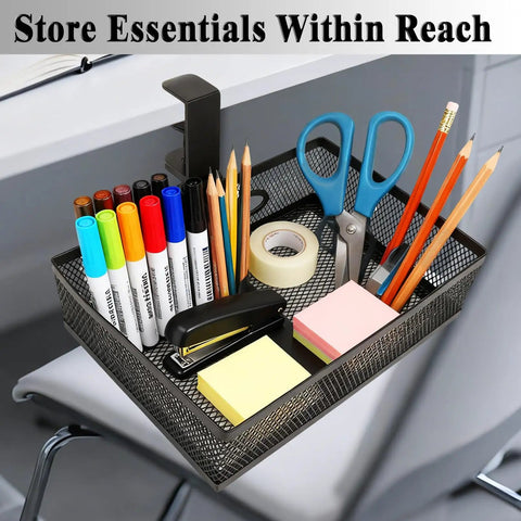 360 Degree Clamp-On Under Desk Swivel Organizer With No-Drill Install Sturdy Mesh Drawers holding office supplies like pens and scissors