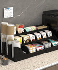 Large 3 Tier Coffee Station Organizer With Drawer, Wooden Countertop Pods Holder, 18 Compartments, Rustic Black Decor