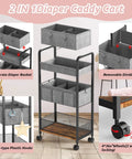Three Tier Rolling Baby Diaper Caddy And Organizer Cart On Wheels With Dividers Detachable Bedside Cart For Nursery Essentials Large Capacity White Ideal For Busy Parents Morning And Nighttime Diaper Changes, shown with gray fabric baskets and lockable wheels.