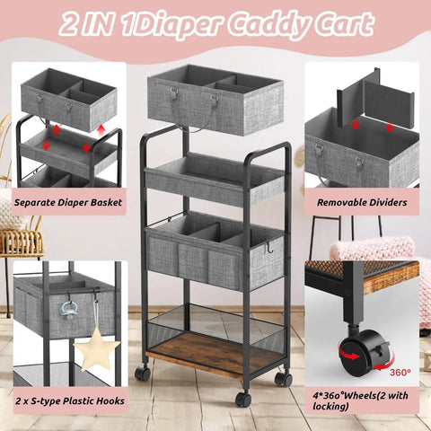 Three Tier Rolling Baby Diaper Caddy And Organizer Cart On Wheels With Dividers Detachable Bedside Cart For Nursery Essentials Large Capacity White Ideal For Busy Parents Morning And Nighttime Diaper Changes, shown with gray fabric baskets and lockable wheels.