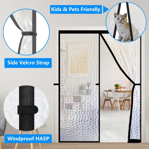 Magnetic Thermal Insulated Door Curtain Waterproof EVA Door Cover Fits Doors Up To 34 By 78 Inches with cat and side velcro detail.