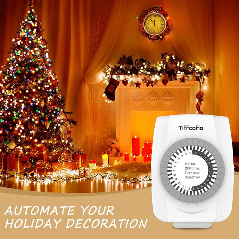 Indoor Mechanical Timer For Electrical Outlets 2 Prong Plug In Outlet Daily Repeating Light Timer with holiday lights background