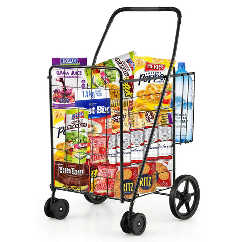 Jumbo Folding Shopping Cart On Swivel Wheels With Dual Basket filled with groceries, heavy duty utility cart for portability and storage