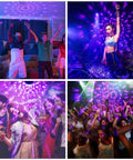 Collage showing UV Black Light Lit Glow Party Kit 3 Pack with remote creating vibrant dance floor effects at parties.