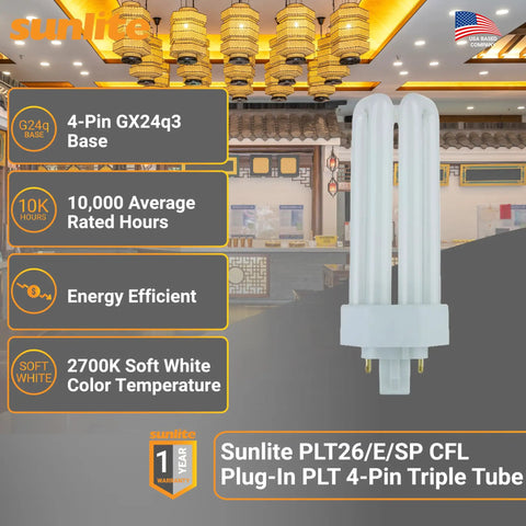 Compact Fluorescent Plug In Quad Tube Light 26W 4 Pin GX24q3 Base 1800 Lumens Daylight 6500K Energy Efficient Bright Replacement Bulbs 10 Pack for Ceiling Fixtures with packaging and product info displayed.