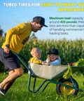 Man pushing wheelbarrow with children, showcasing 2-Pack 4.80 4.00-8 Inch Tire And Wheel Set for wheelbarrows and garden carts.