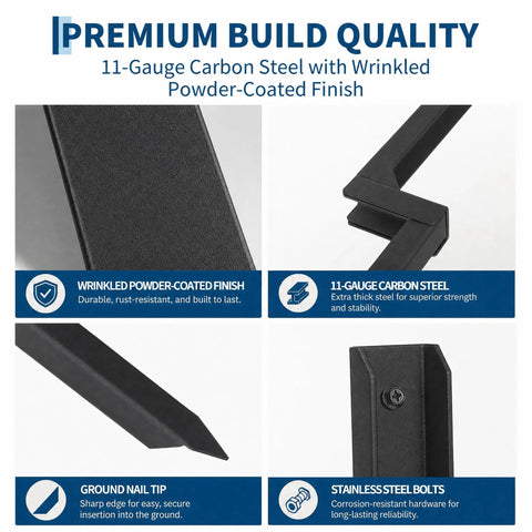 No Fuss Heavy Duty Fence Post Repair Kit With Ground Stakes To Quick Fix Leaning Or Rotted Wood Fences, 11-gauge carbon steel with wrinkled powder-coat.