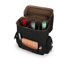 Premium Three Bottle Insulated Wine Carrier Featuring Engraved Cheese Board Precision Knife And Reliable Corkscrew Built For Quick Getaways Or Chilled Backyard Kickbacks In Sophisticated Matte Black with bottles and board visible.