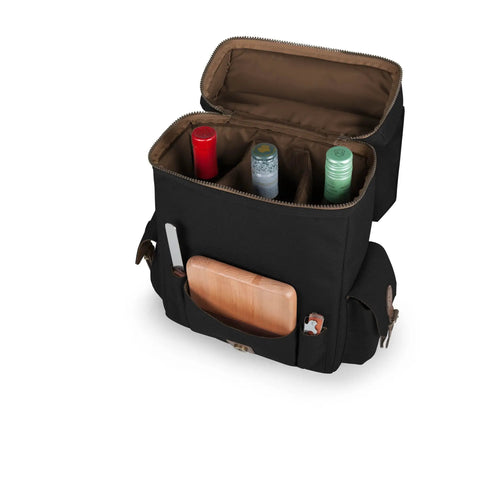 Premium Three Bottle Insulated Wine Carrier Featuring Engraved Cheese Board Precision Knife And Reliable Corkscrew Built For Quick Getaways Or Chilled Backyard Kickbacks In Sophisticated Matte Black with bottles and board visible.