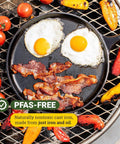 Round Cast Iron Griddle Pan 10.5 Inch Pre Seasoned Non Toxic PFAS Free Cookware Ready To Use with bacon and eggs on grill