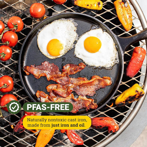 Round Cast Iron Griddle Pan 10.5 Inch Pre Seasoned Non Toxic PFAS Free Cookware Ready To Use with bacon and eggs on grill