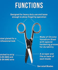Heavy Duty Electrician Scissors With Serrated Blade For Cleaner Wire Cuts And Stripping Chrome Vanadium Steel Construction Delivers Pro Grade Durable Performance For Electrical Work displayed with feature descriptions on blue background
