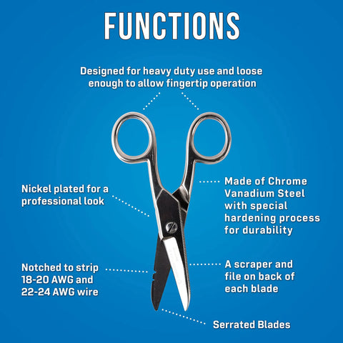 Heavy Duty Electrician Scissors With Serrated Blade For Cleaner Wire Cuts And Stripping Chrome Vanadium Steel Construction Delivers Pro Grade Durable Performance For Electrical Work displayed with feature descriptions on blue background