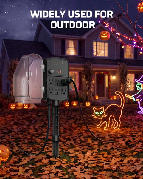 Top Notch Outdoor Power Stake Timer With Waterproof Shell And Automatic Dusk To Dawn Scheduling Delivers Six Grounded Outlets in use outdoors.