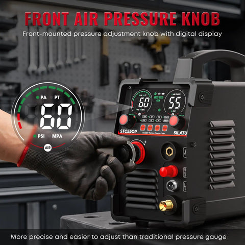 Dual Voltage Plasma Cutter 110V And 220V, 55A Pilot Arc With LED Display, shown with air sensor and pressure knob in workshop