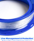 Close-up of blue 7 Inch Fishing YoYo Spooler for line and leader storage with hook seat, showing no tangle line management.