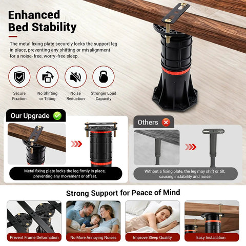 Four Piece Adjustable Bed Support Legs With Reinforced Steel Brackets, Holds Up To 4400 Pounds Per Leg, Ranges From Eight To Thirteen Point Five Inches, Built Tough Heavy Lifters To Ban Saggin And Silence Creaky Queen King Frames, metal fixing plate for secure bed stability.