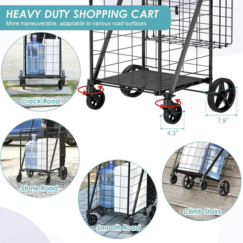 Heavy Duty Folding Grocery Cart That Hauls 360 Lbs Capacity With Waterproof Liner And 360 Degree Swivel Wheels Double Basket Collapsible