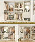 Hella Durable 97 Inch Modular Closet System With Four Hang Rods And Storage Bench 2500 Pound Heavy Duty White Oak Wardrobe Organizer view with hanging clothes and shoes.