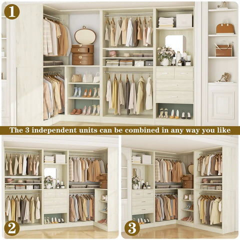 Hella Durable 97 Inch Modular Closet System With Four Hang Rods And Storage Bench 2500 Pound Heavy Duty White Oak Wardrobe Organizer view with hanging clothes and shoes.